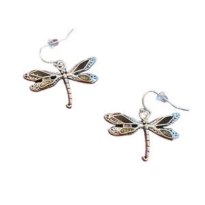 Antique Silver with Black Dragonfly Drop Earrings